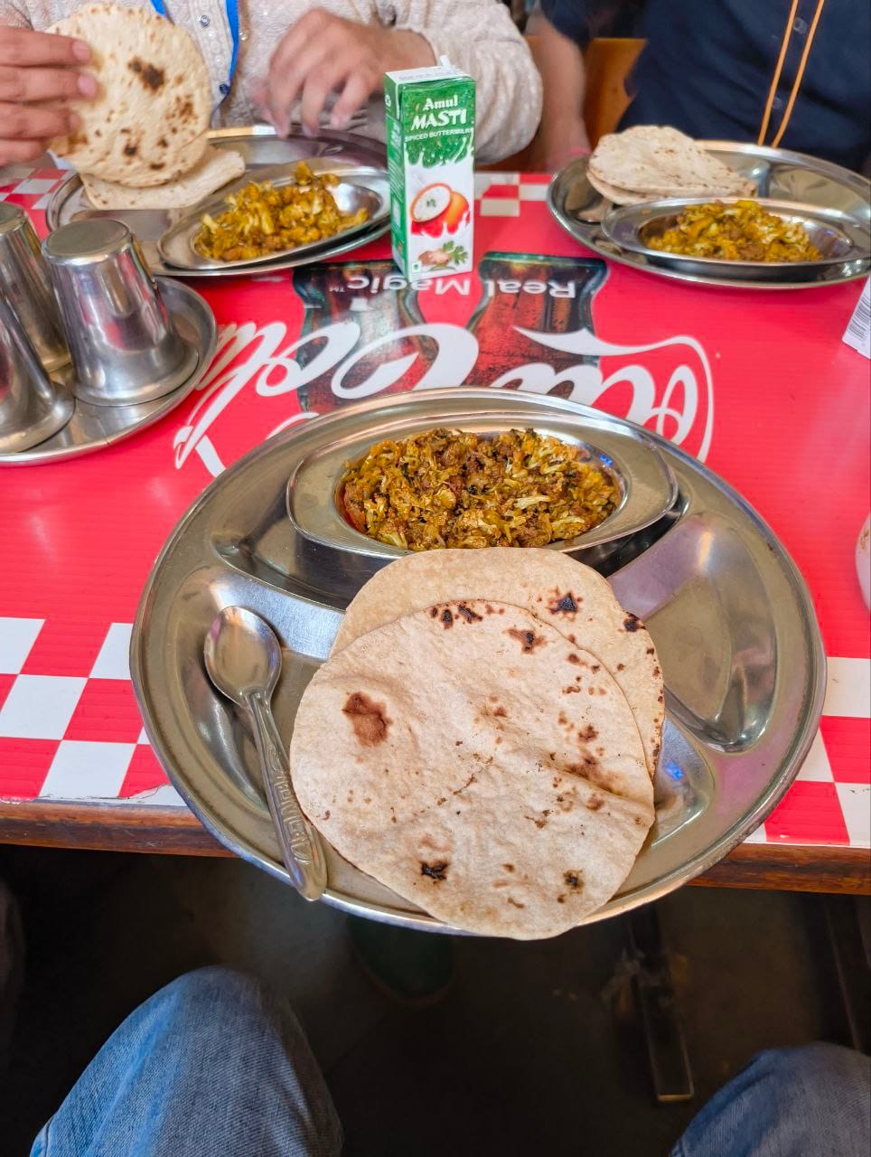 Lunch with Gobhi ki sabzi, roti and butter milk