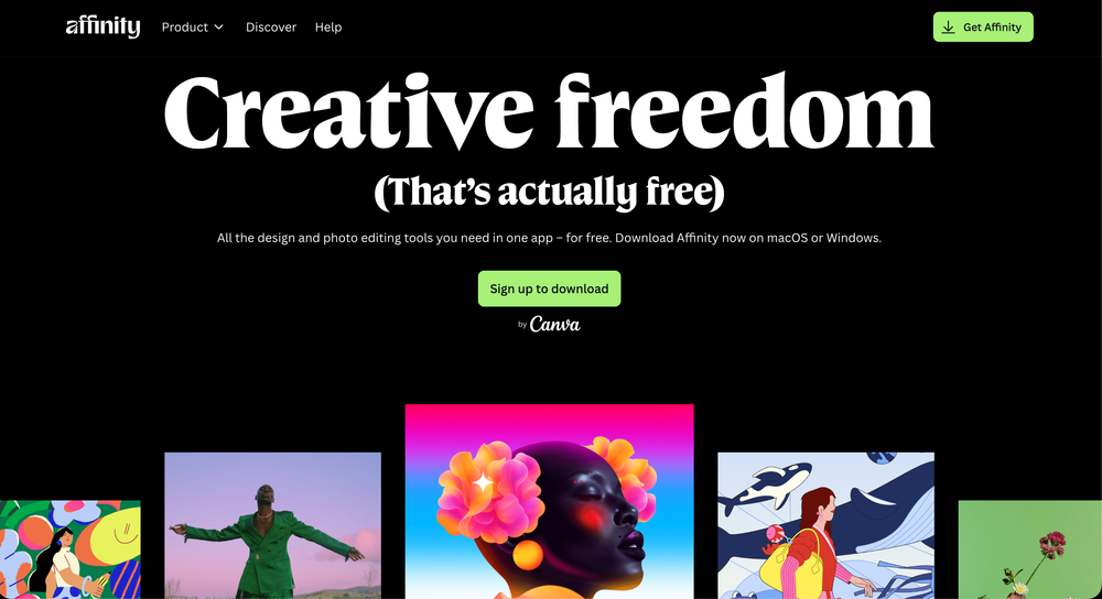 Affinity vs Adobe comparison chart 2025," "Affinity Designer free download interface.